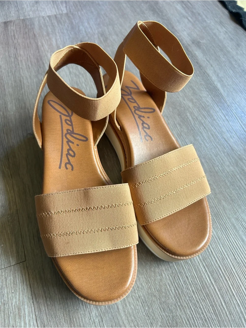 Zodiac Platform Sandal in Tan and Cream with Elastic Ankle Strapping new